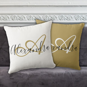 Black Gold Script Initial Name Bedroom Throw Pillow