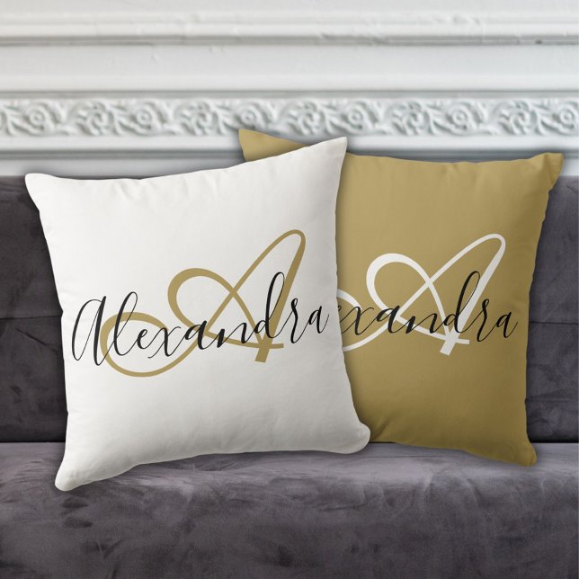 Black Gold Script Initial Name Bedroom Throw Pillow (Elegant Monogram Black Gold Script Initial Name Throw Pillow)