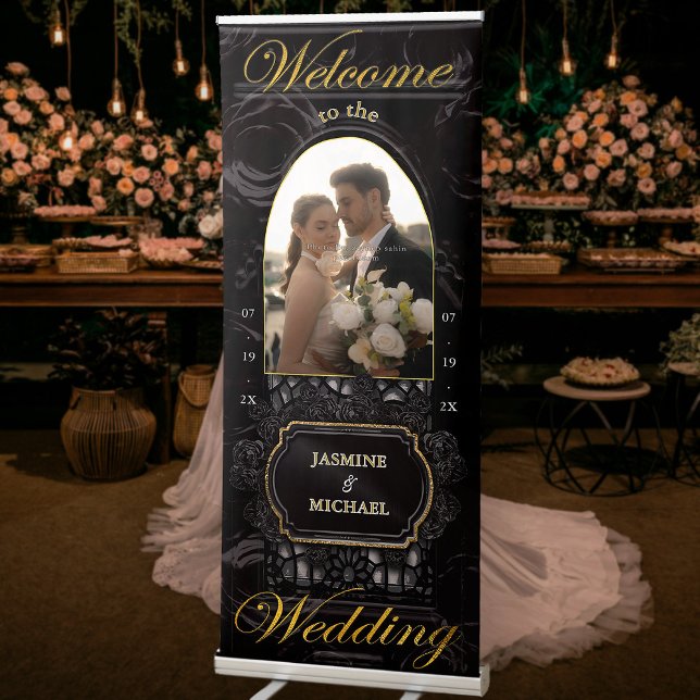 Black Gold Script Lace Arch Wedding Photo Welcome  Retractable Banner (Creator Uploaded)