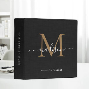 Black Gold Script Linen Texture Elegant Monogram 3 Ring Binder