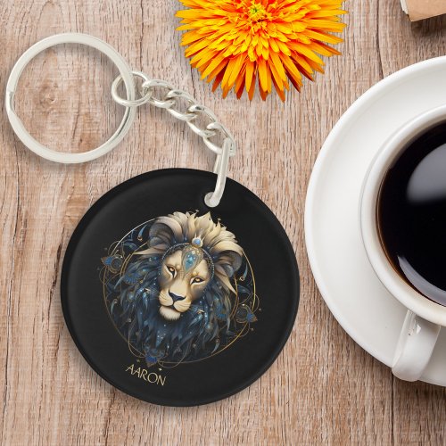 Black Gold Script Lion Star Sign Constellation Leo Keychain