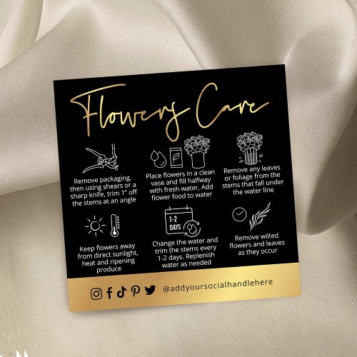 Black  Gold Script Logo Fresh Flowers Care Guide Square Business Card