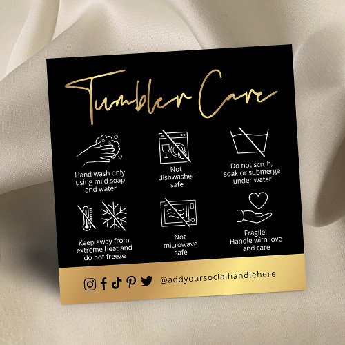 Black  Gold Script Logo Tumbler Cup Care Guide Square Business Card