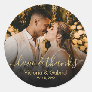 Black Gold Script Love and Thanks Photo Wedding Classic Round Sticker
