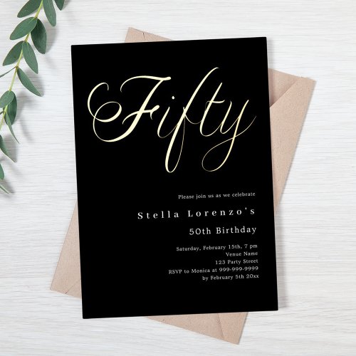 Black gold script luxury 50th birthday  foil invitation