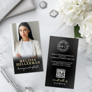 Black Gold Script Luxury Real Estate Photo Foil Business Cards