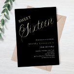 Black gold script luxury Sweet 16 Foil Invitation<br><div class="desc">A modern Sweet 16 invitation. Classic black background and the word Sixteen written with large letters in faux gold. Personalize and add a name and party details. White text.</div>