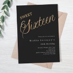Black gold script luxury Sweet 16 Invitation<br><div class="desc">A modern Sweet 16 invitation. Classic black background and the word Sixteen written with large letters in faux gold. Personalize and add a name and party details. White text.</div>