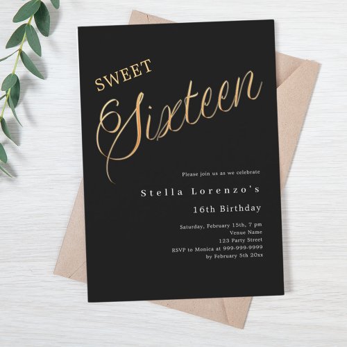 Black gold script luxury Sweet 16 Invitation