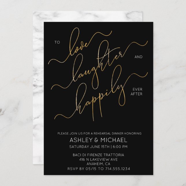 Black Gold Script Marble Rehearsal Dinner Invite (Front/Back)