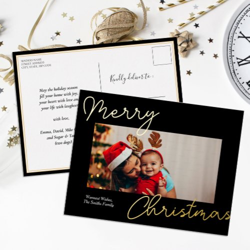 Black Gold Script Merry Christmas Simple Photo Foil Holiday Postcard