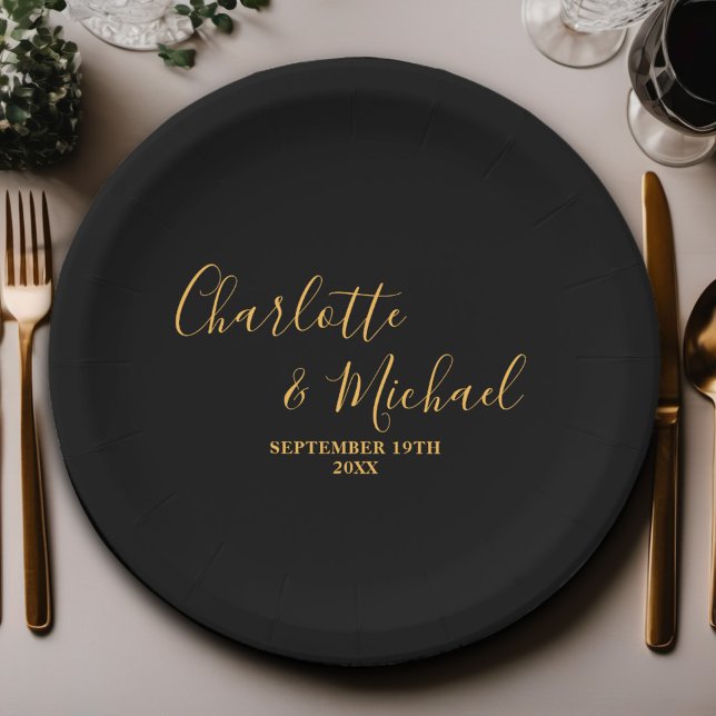 Black Gold Script Minimalist Wedding Paper Plates (Creator Uploaded)