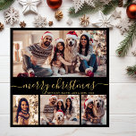 Black Gold Script Modern 5 Photo Collage Christmas Holiday Card<br><div class="desc">Modern Minimalist Elegant Calligraphy Black and Gold 5 Photo Collage Merry Christmas Calligraphy Script Holiday Card. This festive, mimimalist, whimsical holiday card template features pretty four (4) photo collage on front, 1 photo on back side and says „Merry Christmas” greeting text, which is written in a beautiful hand lettering swirly...</div>