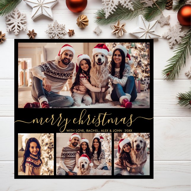 Black Gold Script Modern 5 Photo Collage Christmas Holiday Card (Creator Uploaded)