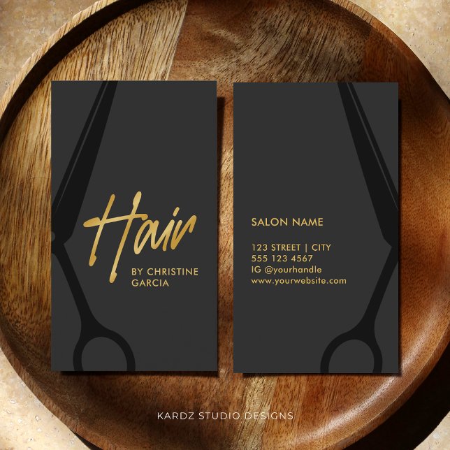 Black Gold Script Modern Hair Stylist Salon Business Card (Business Card is shown in 3.5 x 2 inch. The golden color is FAUX Gold effect.)