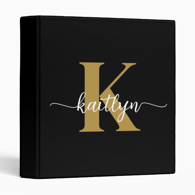 Black Gold Script Monogram 3 Ring Binder (Front/Spine)