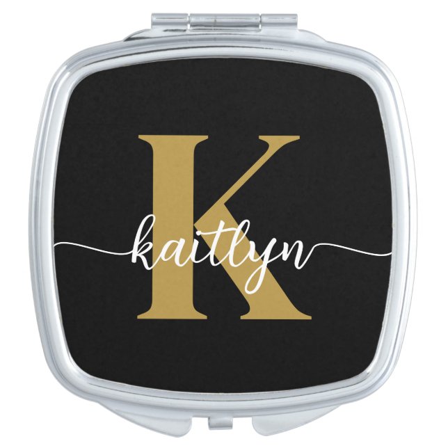 Black Gold Script Monogram Compact Mirror (Front)