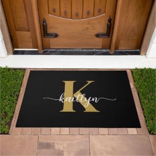 Black Gold Script Monogram Doormat