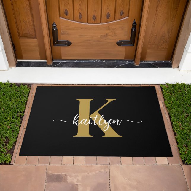 Black Gold Script Monogram Doormat (Outdoor)