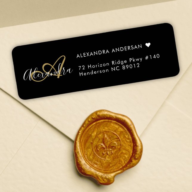 Black Gold Script Monogram Family Address Label (Chic Black Gold Elegant Monogram Return Address Label)