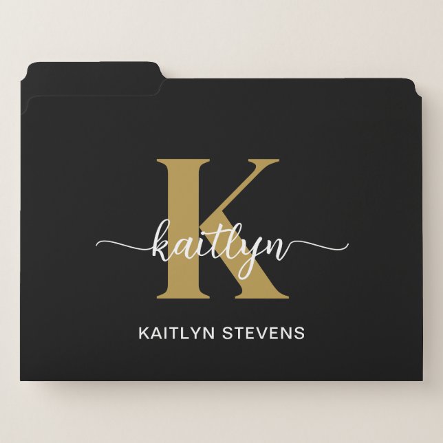 Black Gold Script Monogram File Folder (Front Left)