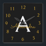 Black Gold Script Monogram Girly Name Square Wall Clock<br><div class="desc">Gold and Black Script Monogram Name Clock. This makes the perfect sweet 16 birthday,  wedding,  bridal shower,  anniversary,  baby shower or bachelorette party gift for someone that loves glam luxury and chic styles.</div>