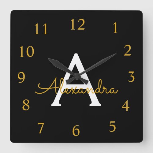 Black Gold Script Monogram Girly Name Square Wall Clock