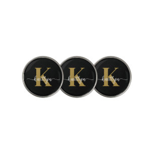 Black Gold Script Monogram Golf Ball Marker