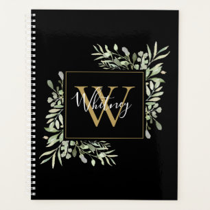Black Gold Script Monogram Greenery Floral Planner