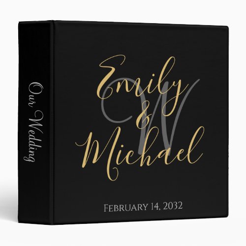 Black Gold Script Monogram Initial Names Wedding 3 3 Ring Binder