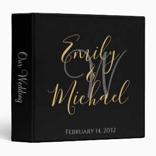 Black Gold Script Monogram Initial Names Wedding 3 Ring Binder