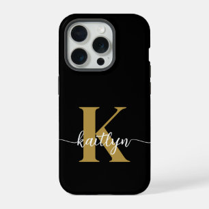 Black Gold Script Monogram iPhone 15 Pro Case