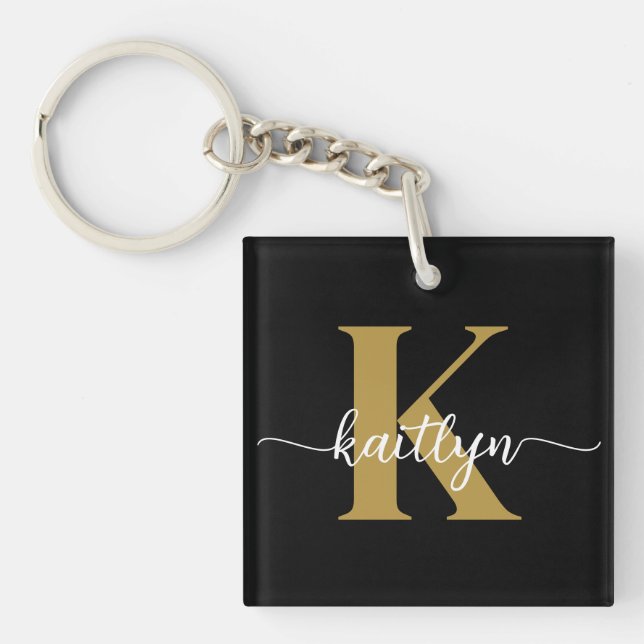 Black Gold Script Monogram Keychain (Front)