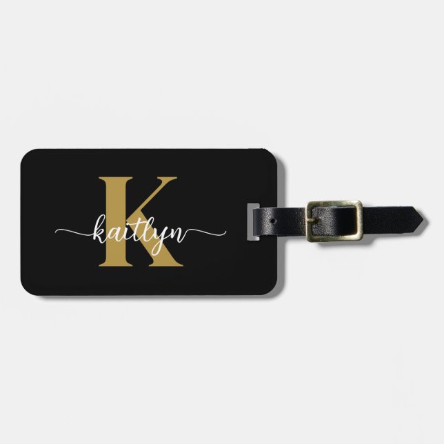 Black Gold Script Monogram Luggage Tag (Front Horizontal)