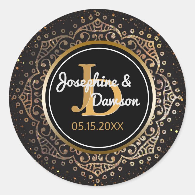 Black Gold Script Monogram | Mandala Wedding Favor Classic Round Sticker (Front)