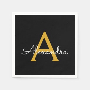 Black Gold Script Monogram Name Modern Napkins