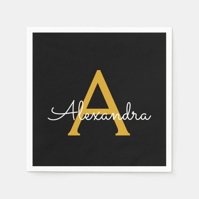 Black Gold Script Monogram Name Modern Napkins (Front)