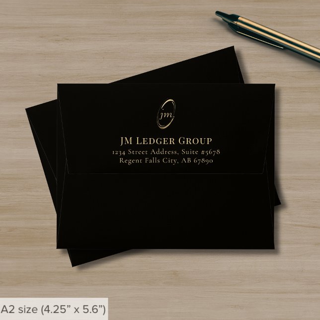 Black Gold Script Monogram Note Card Envelope (Creator Uploaded)