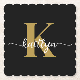 Black Gold Script Monogram Paper Coaster