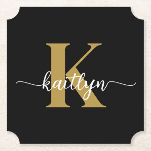 Black Gold Script Monogram Paper Coaster