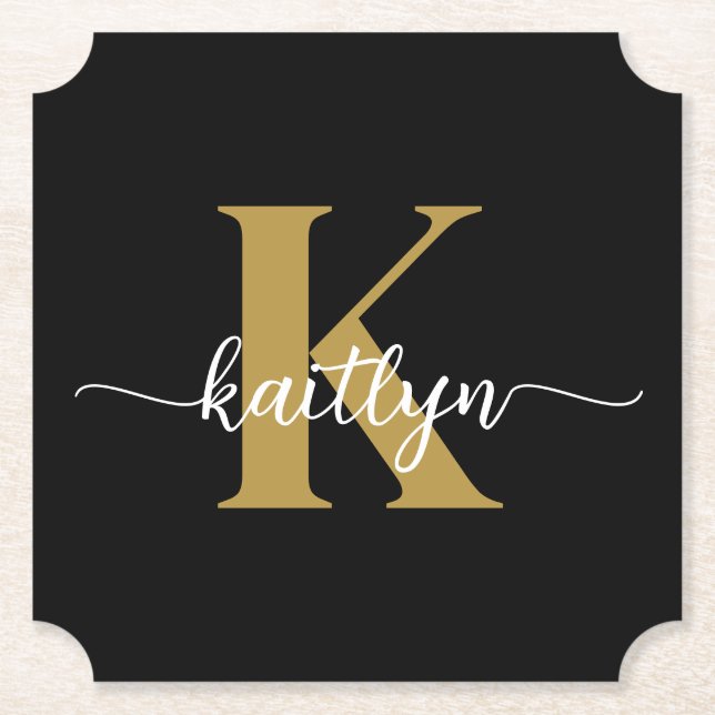 Black Gold Script Monogram Paper Coaster (Front)