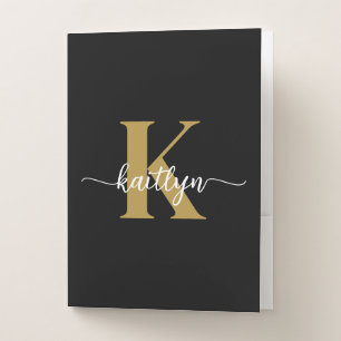 Black Gold Script Monogram Pocket Folder