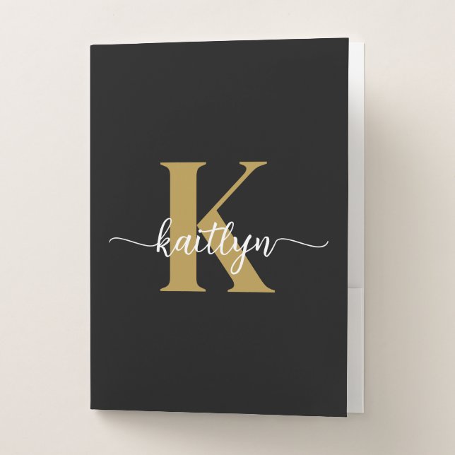 Black Gold Script Monogram Pocket Folder (Front)