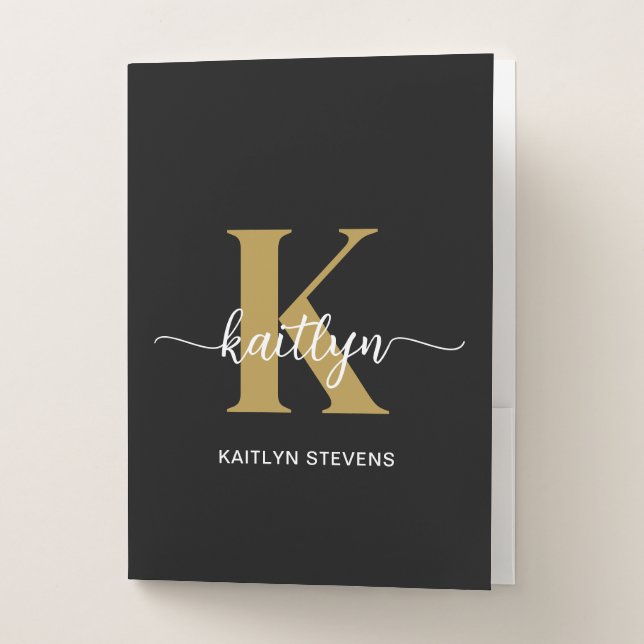 Black Gold Script Monogram Pocket Folder (Front)