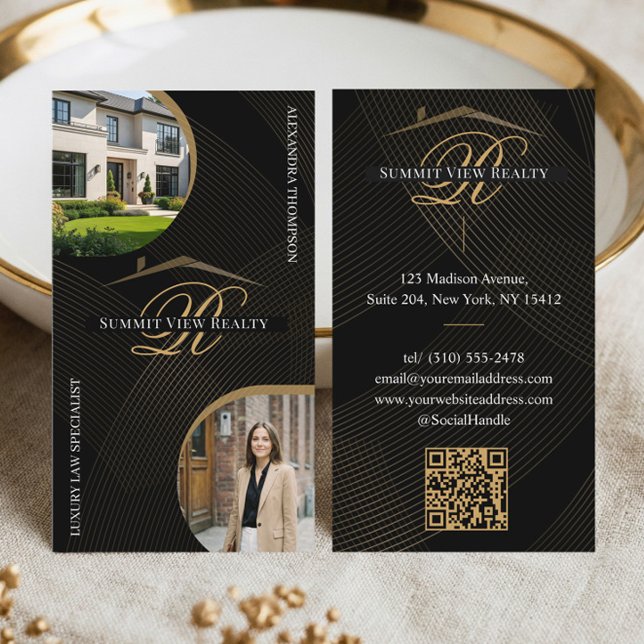 Black Gold Script Monogram Real Estate Agent Photo Business Card (Black Gold Script Monogram Real Estate Agent Photo Business Card)