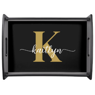 Black Gold Script Monogram Serving Tray