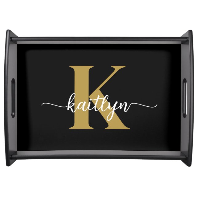 Black Gold Script Monogram Serving Tray (Front)