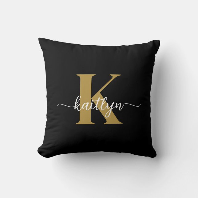 Black Gold Script Monogram Throw Pillow (Front)