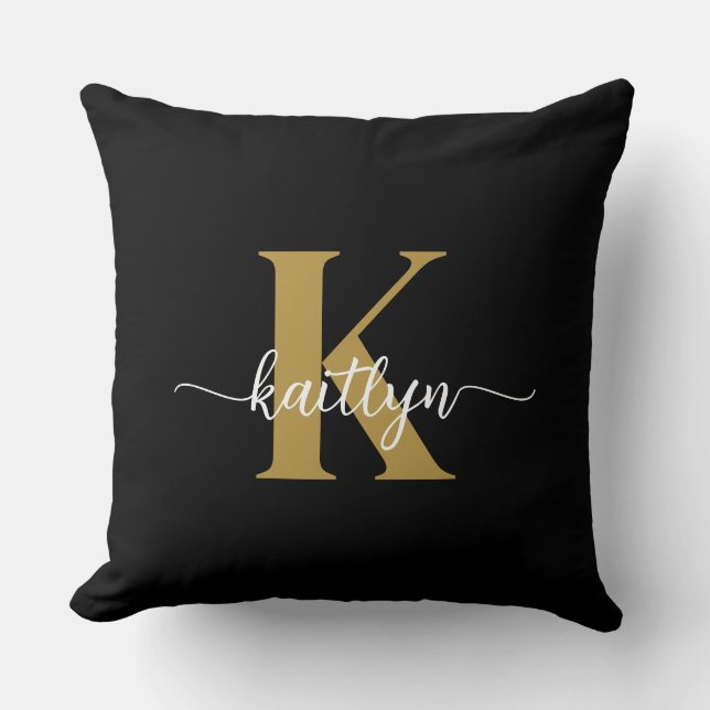 Black Gold Script Monogram Throw Pillow (Front)