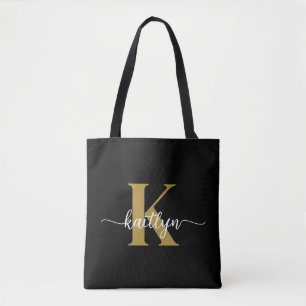 Black Gold Script Monogram Tote Bag